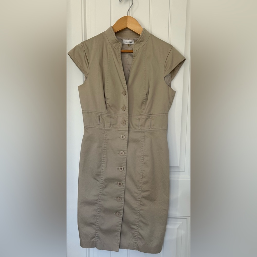 Calvin Klein Mandarin Collared Khaki Dress Size 10.